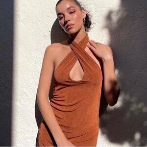 NWT With Jean chocolate Lena halter twist dress